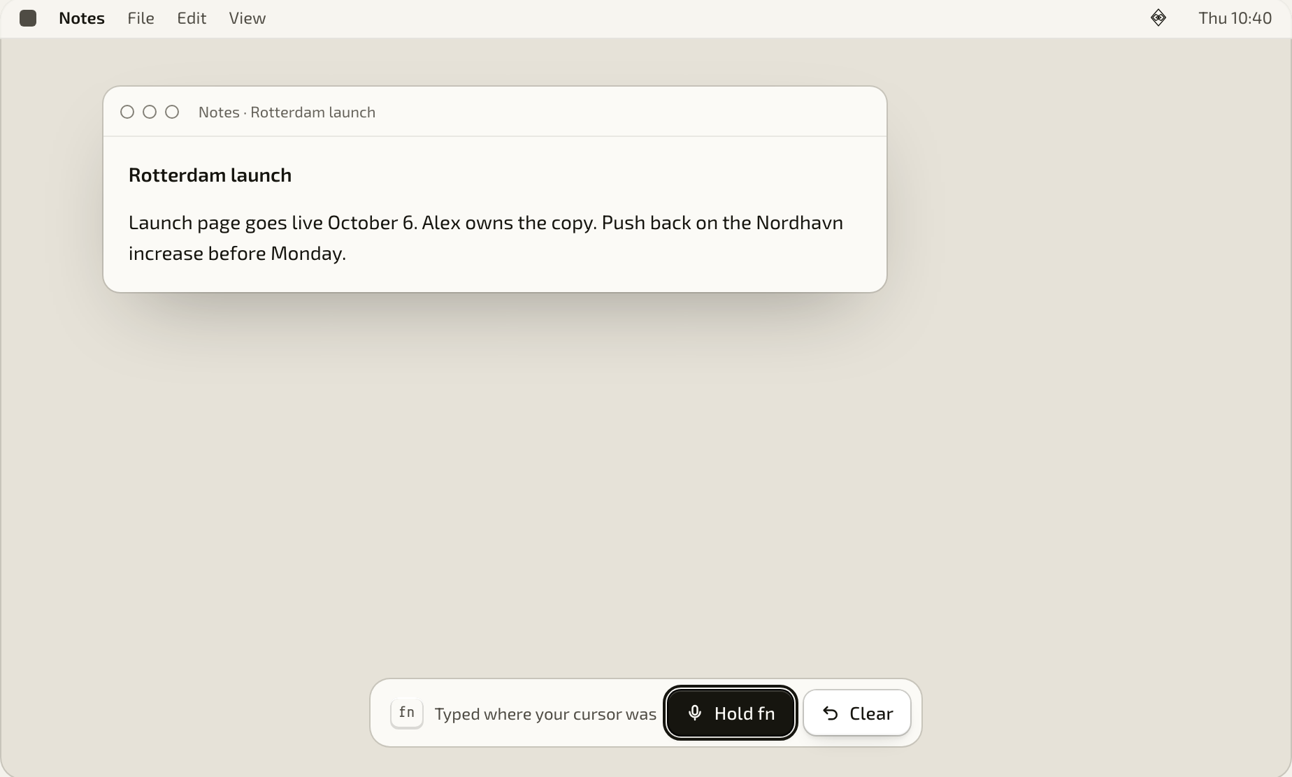Dictation in the demo: clean text typed into another app at the cursor