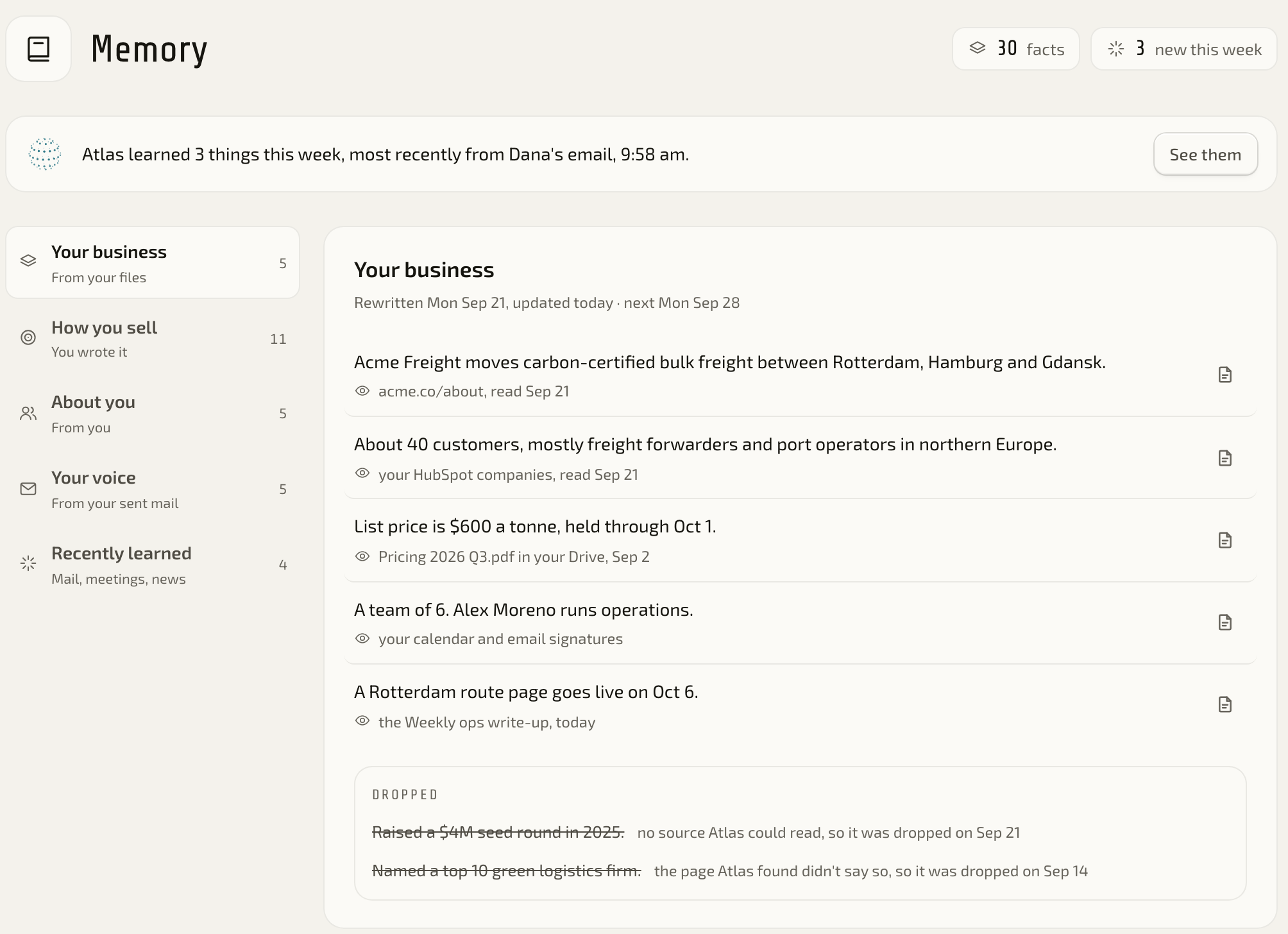 Memory in the demo: what Atlas knows about the business, each line with its source